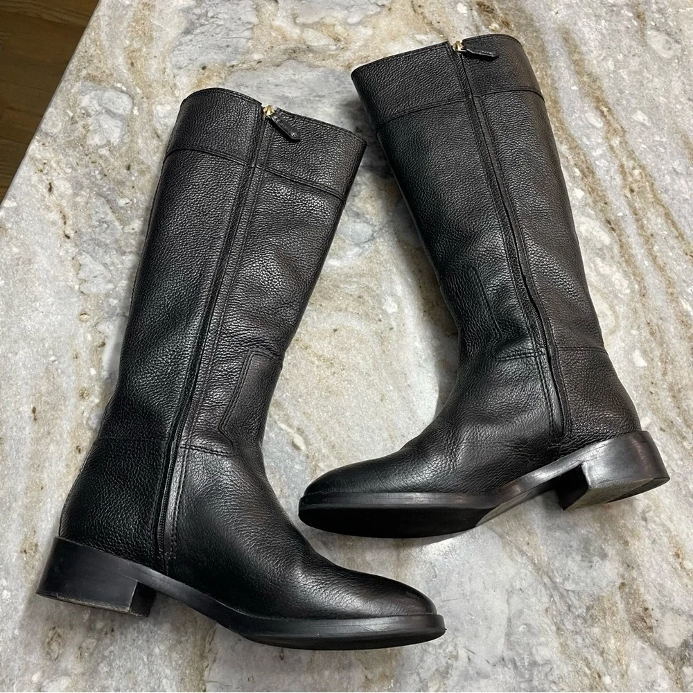 Tory Burch Joanna Riding Boots Pebbled Leather Black Boots Women’s